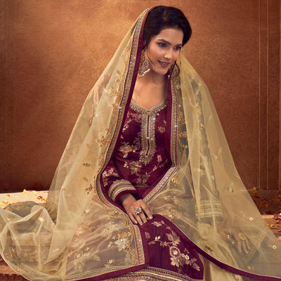Maroon-Chikoo Festive Wear Floral Emboidered With Diamond Net Lehenga Choli
