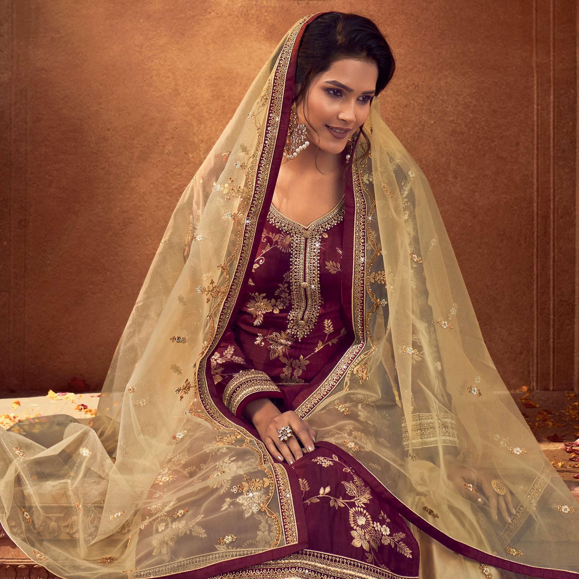 Maroon-Chikoo Festive Wear Floral Emboidered With Diamond Net Lehenga Choli