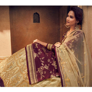 Maroon-Chikoo Festive Wear Floral Emboidered With Diamond Net Lehenga Choli