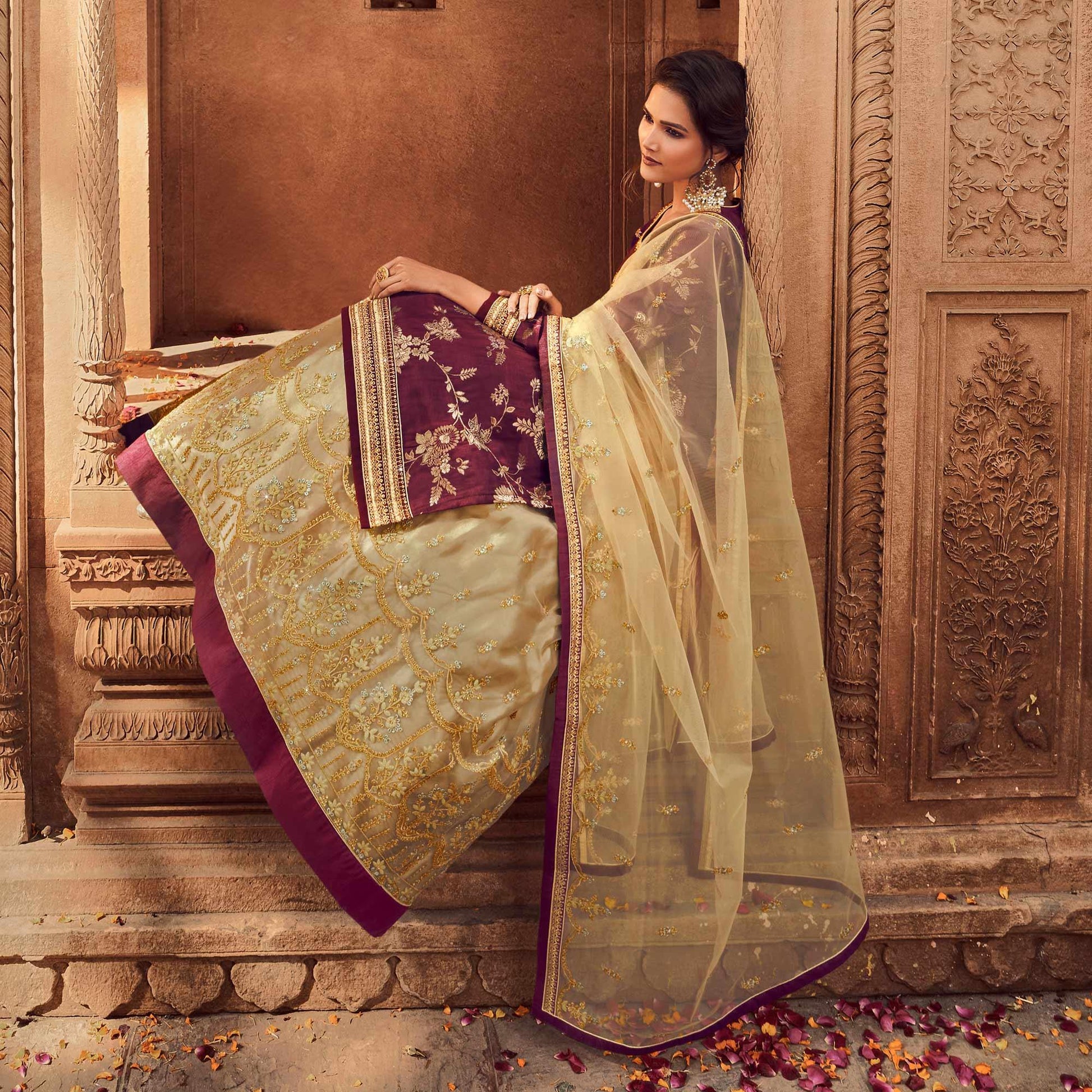 Maroon-Chikoo Festive Wear Floral Emboidered With Diamond Net Lehenga Choli