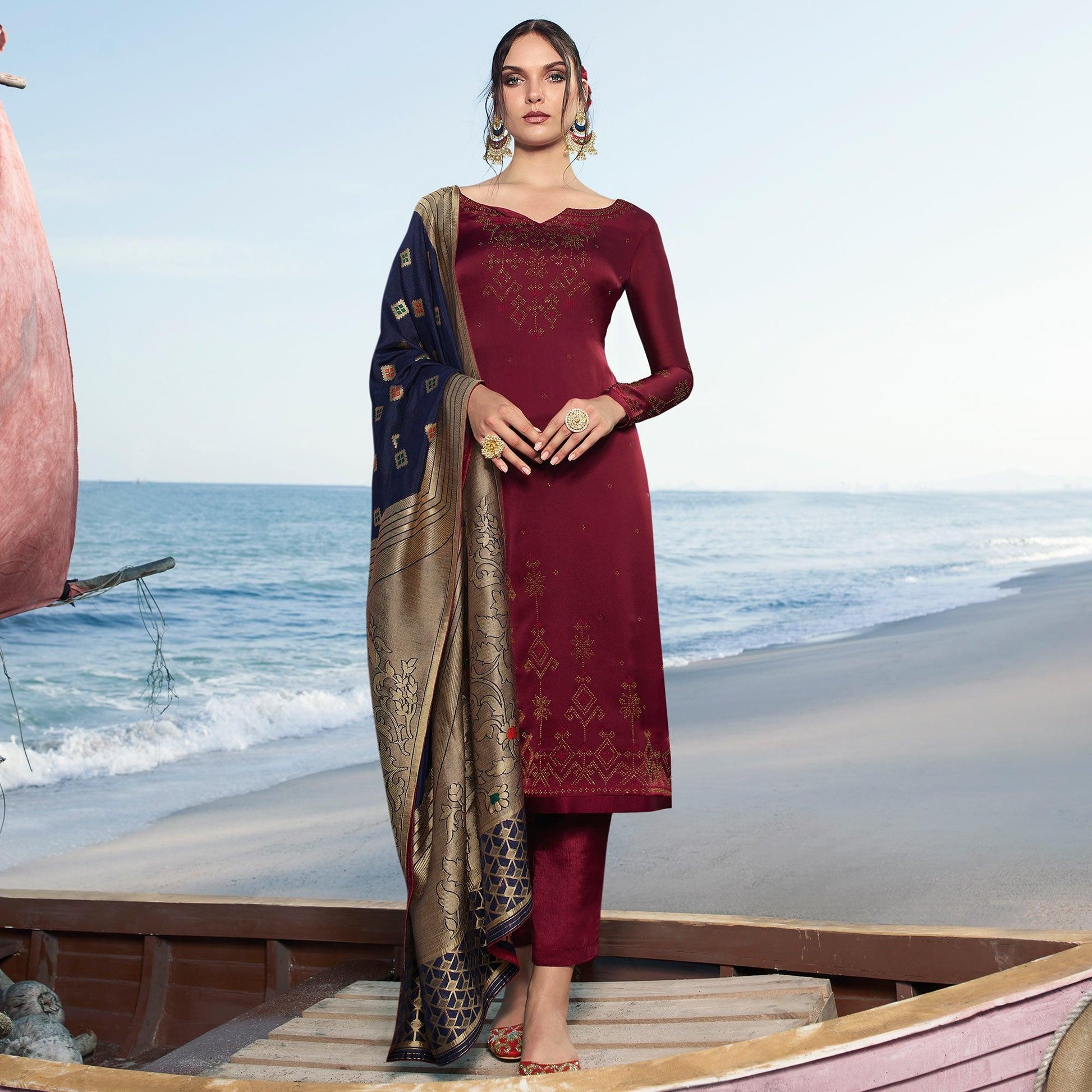 Maroon Colored Partywear Pure Satin Georgette Suit