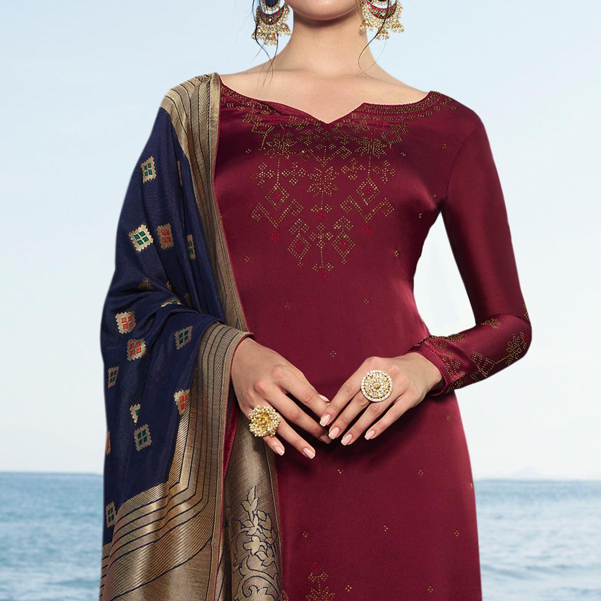 Maroon Colored Partywear Pure Satin Georgette Suit