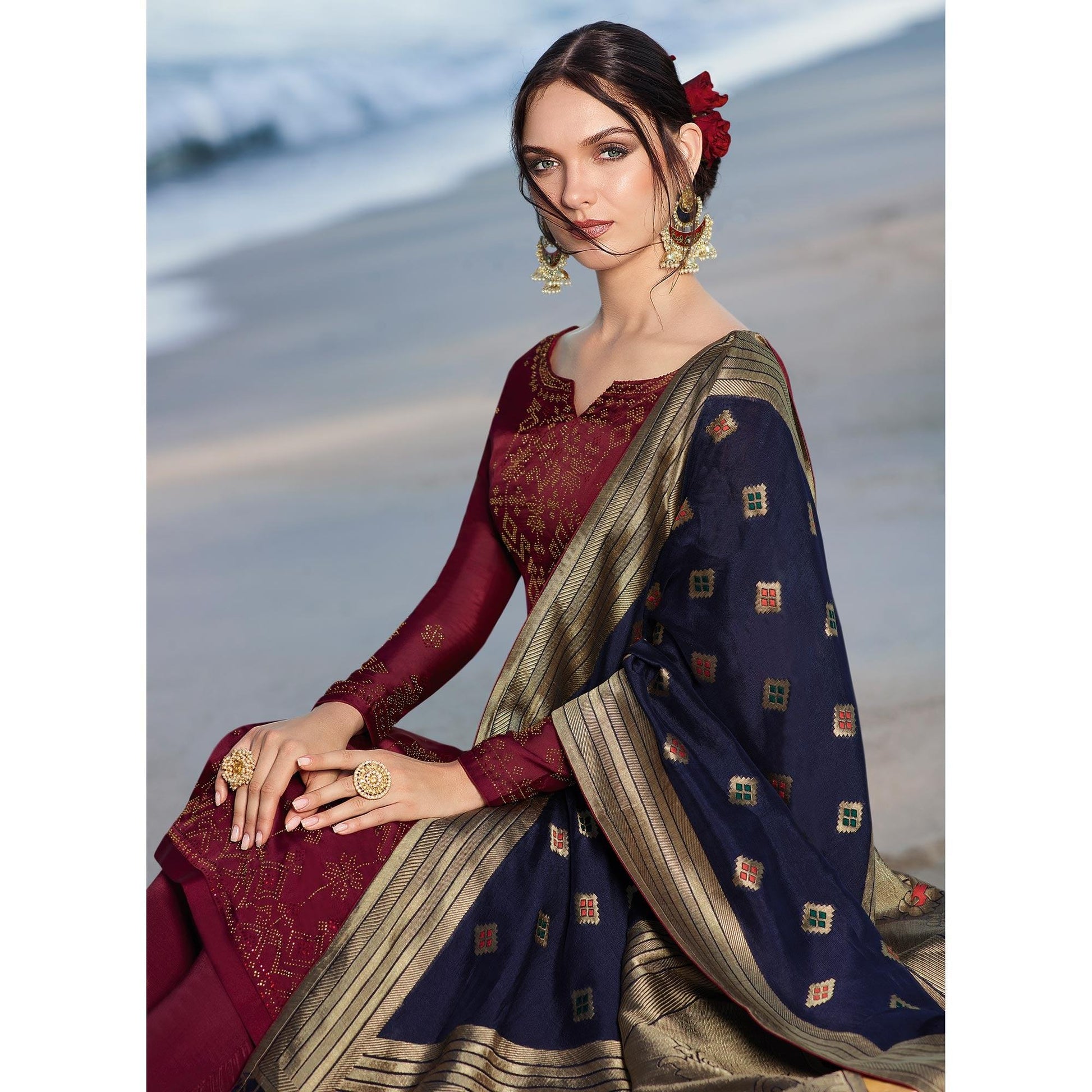 Maroon Colored Partywear Pure Satin Georgette Suit