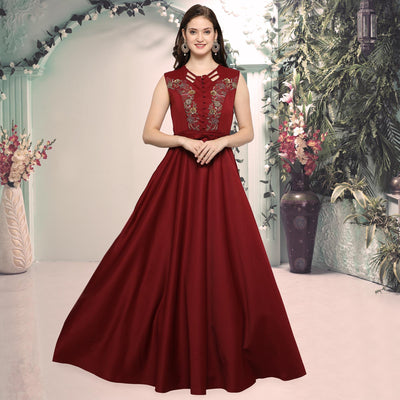 Maroon Designer Hand Embroidered Art Silk Gown