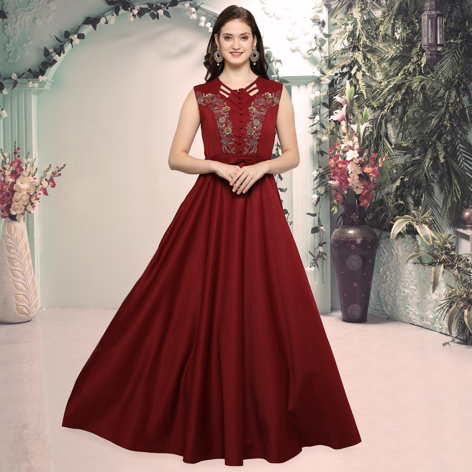 Maroon Designer Hand Embroidered Art Silk Gown