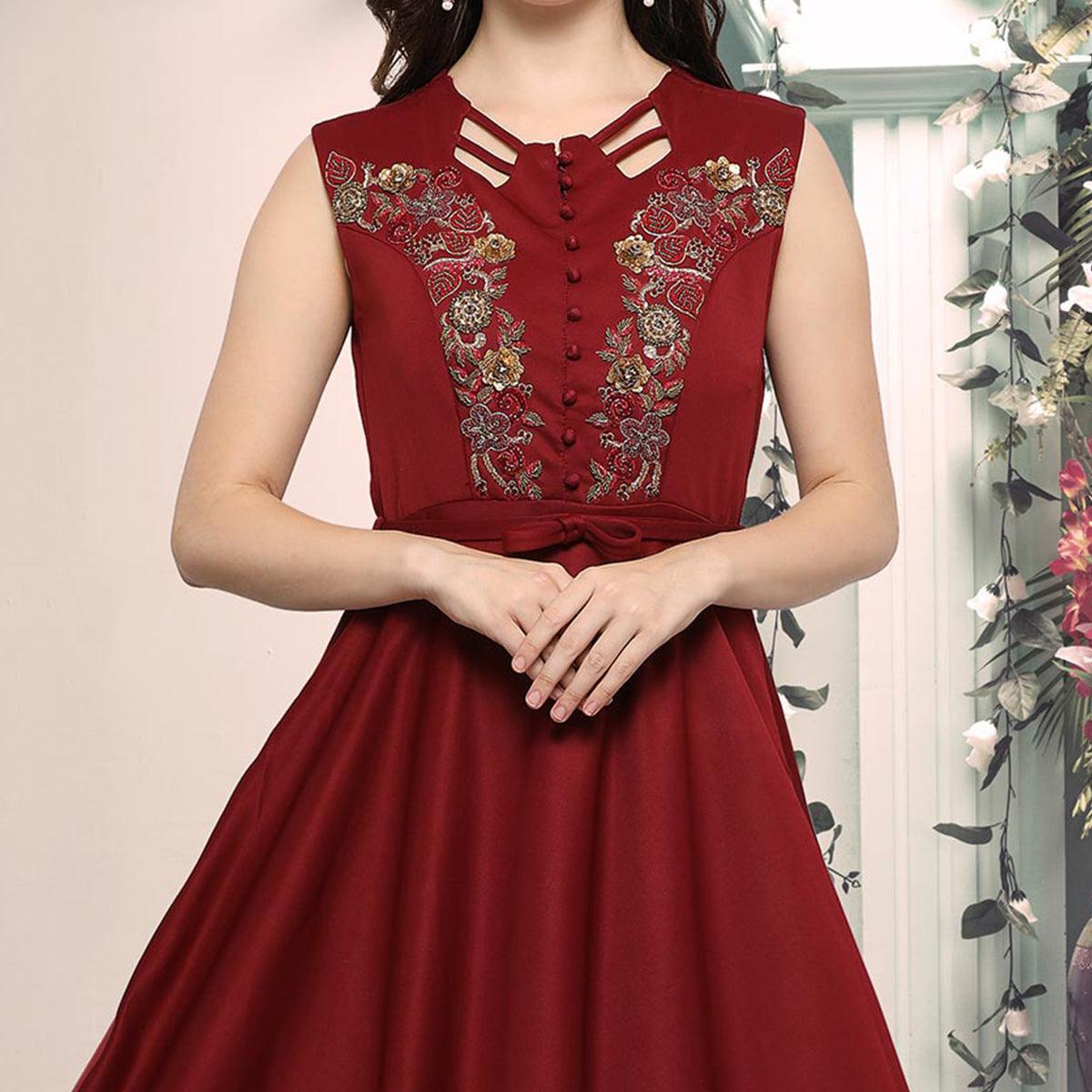 Maroon Designer Hand Embroidered Art Silk Gown