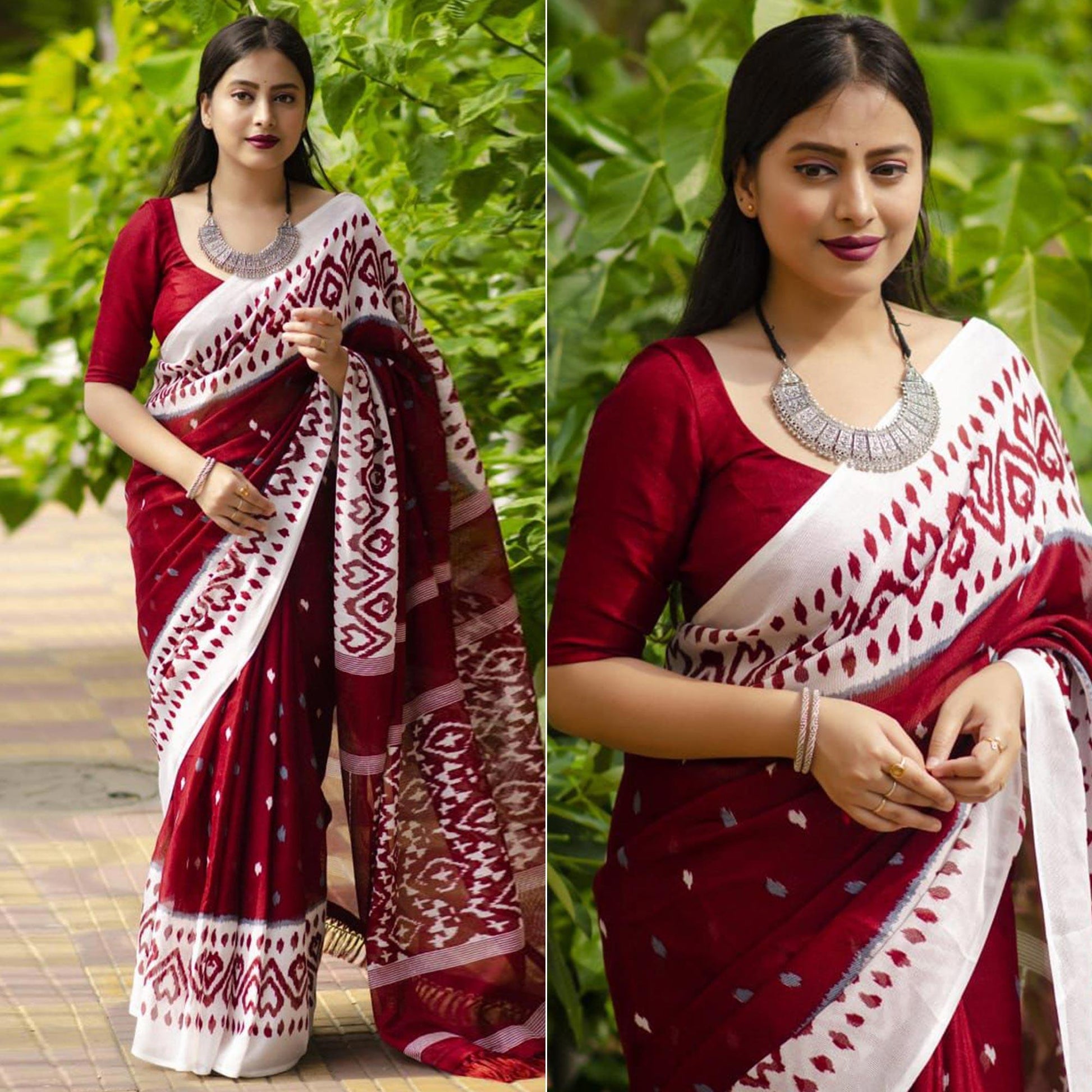 Maroon Digital Ikkat Printed Linen Saree