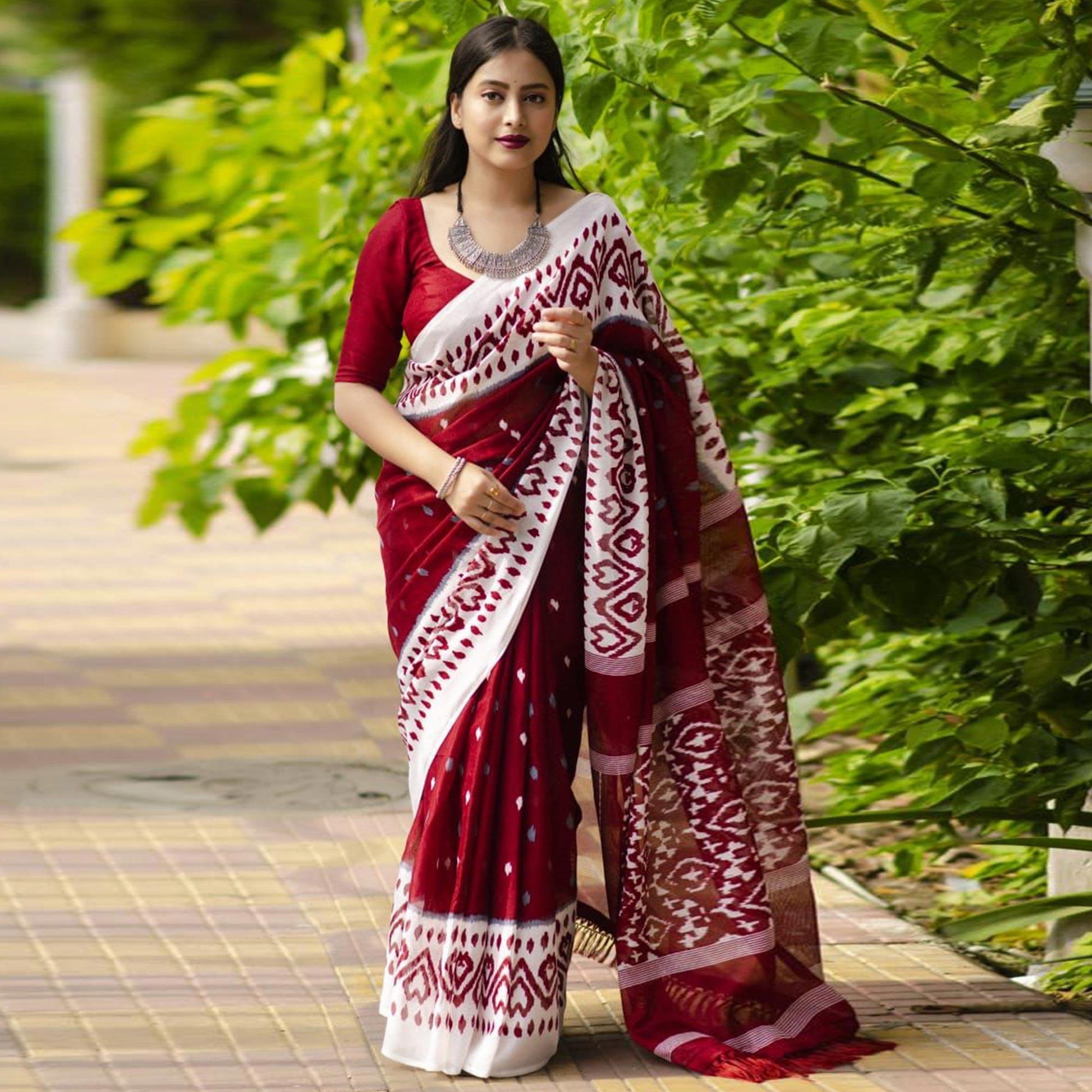Maroon Digital Ikkat Printed Linen Saree