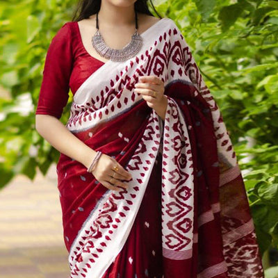 Maroon Digital Ikkat Printed Linen Saree