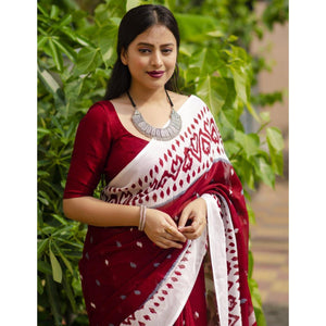 Maroon Digital Ikkat Printed Linen Saree