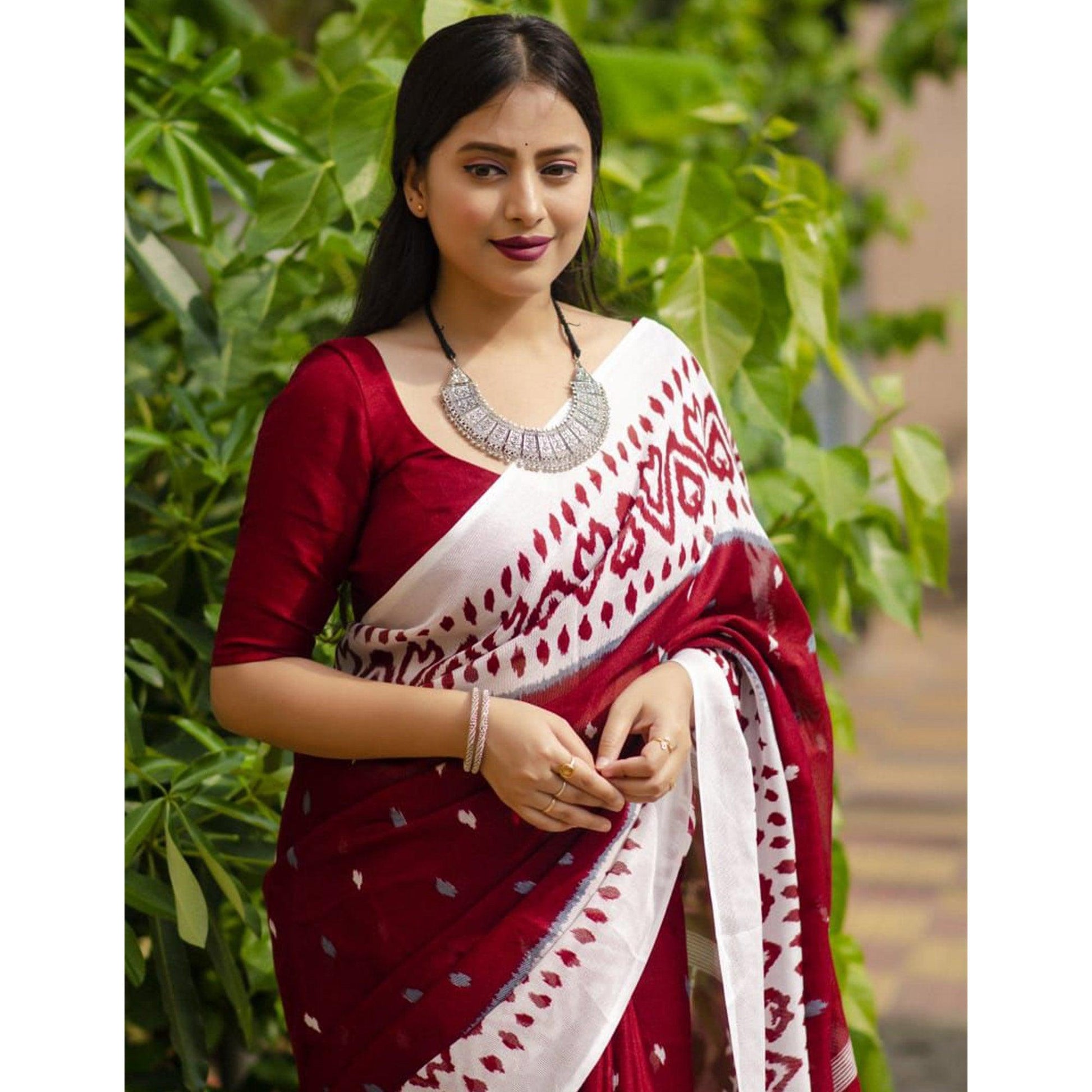 Maroon Digital Ikkat Printed Linen Saree