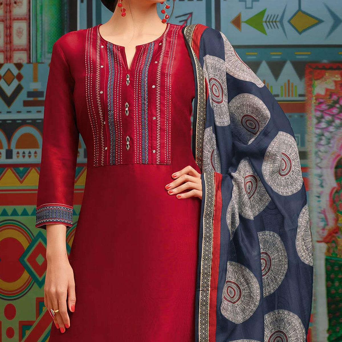 Maroon Digital Printed Chanderi Palazzo Suit