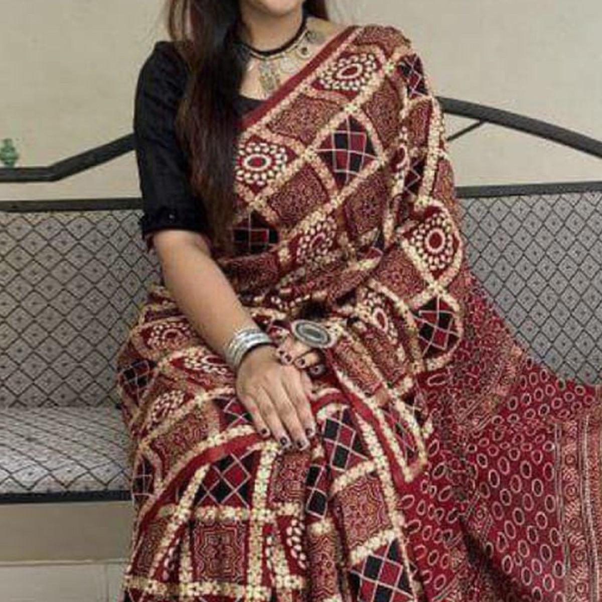 Maroon Digital Printed Linen Saree