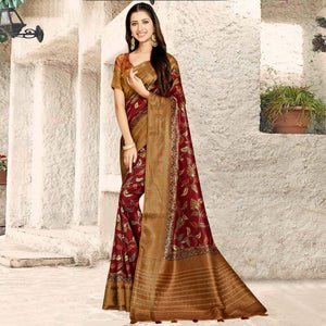 Maroon Digital Printed Tussar Silk Saree With Tassels