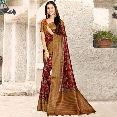 Maroon Digital Printed Tussar Silk Saree With Tassels