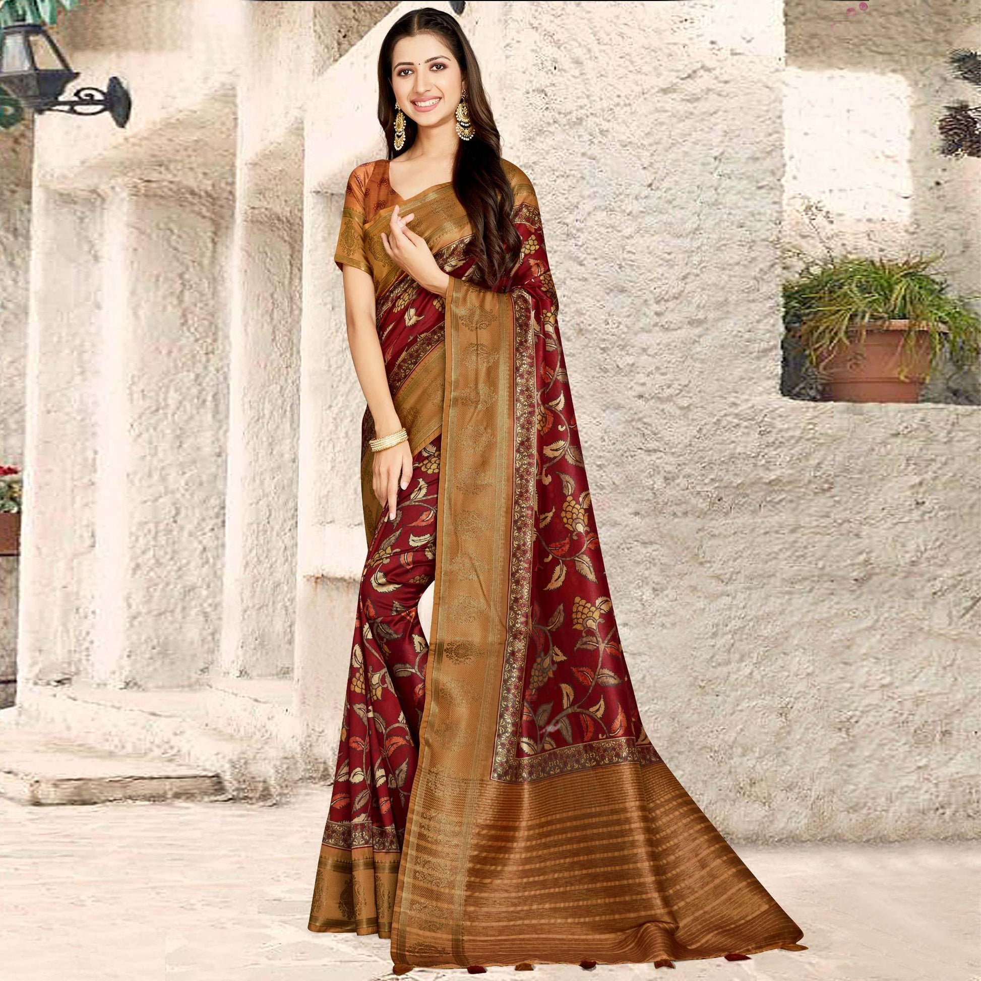 Maroon Digital Printed Tussar Silk Saree With Tassels