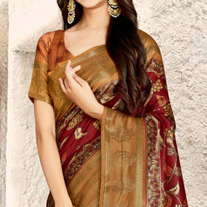 Maroon Digital Printed Tussar Silk Saree With Tassels