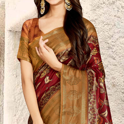 Maroon Digital Printed Tussar Silk Saree With Tassels