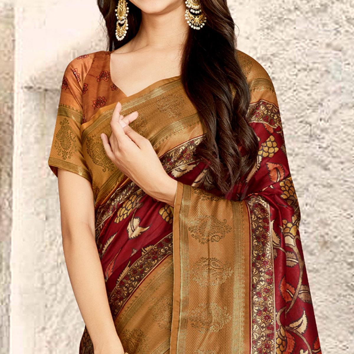 Maroon Digital Printed Tussar Silk Saree With Tassels