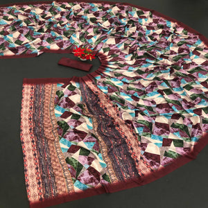 Maroon Digital Printed Vichitra Silk Saree
