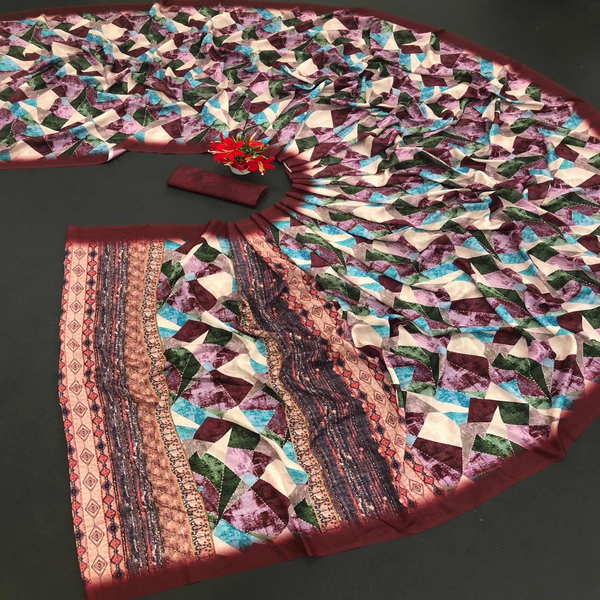 Maroon Digital Printed Vichitra Silk Saree