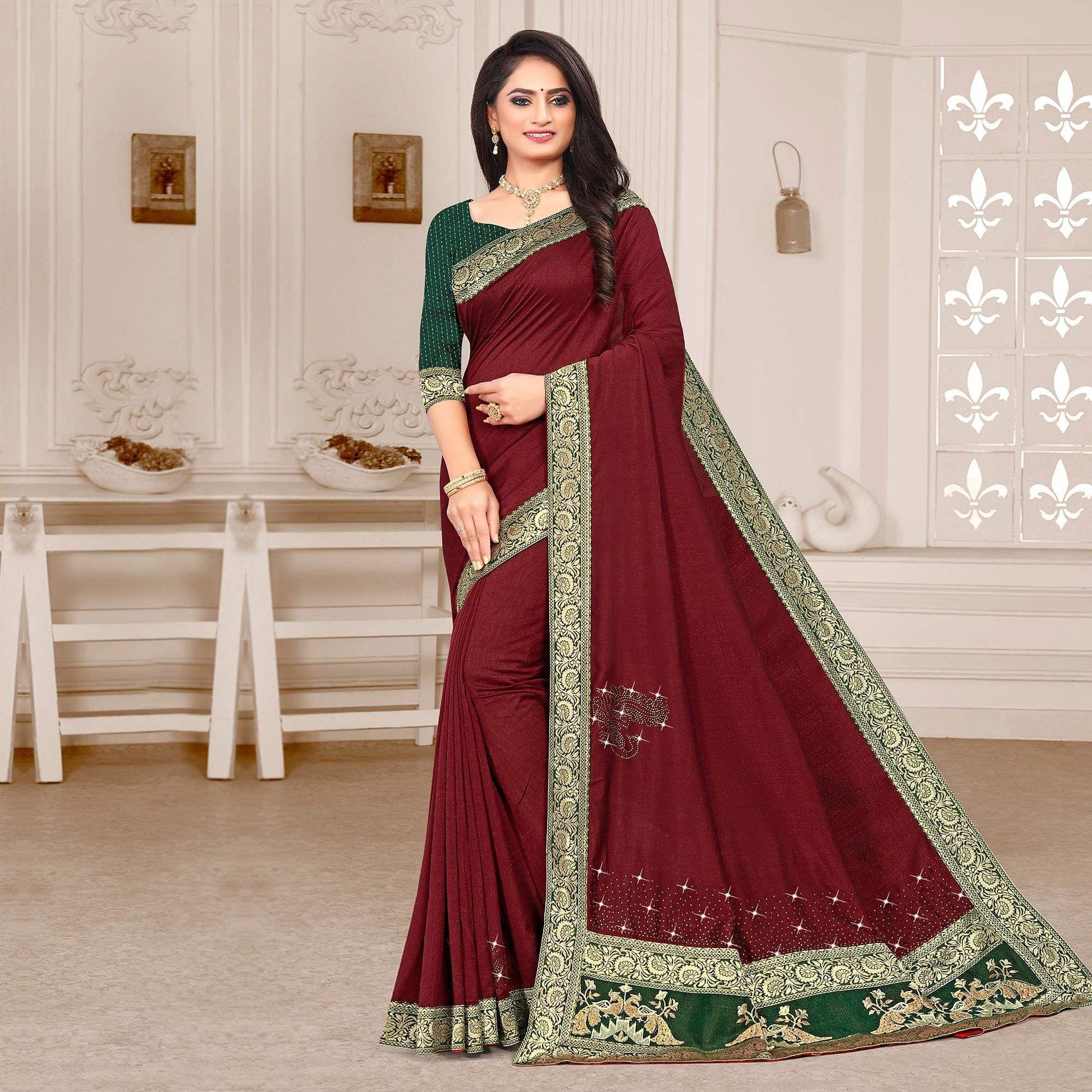 Maroon Embellished Vichitra Silk Saree