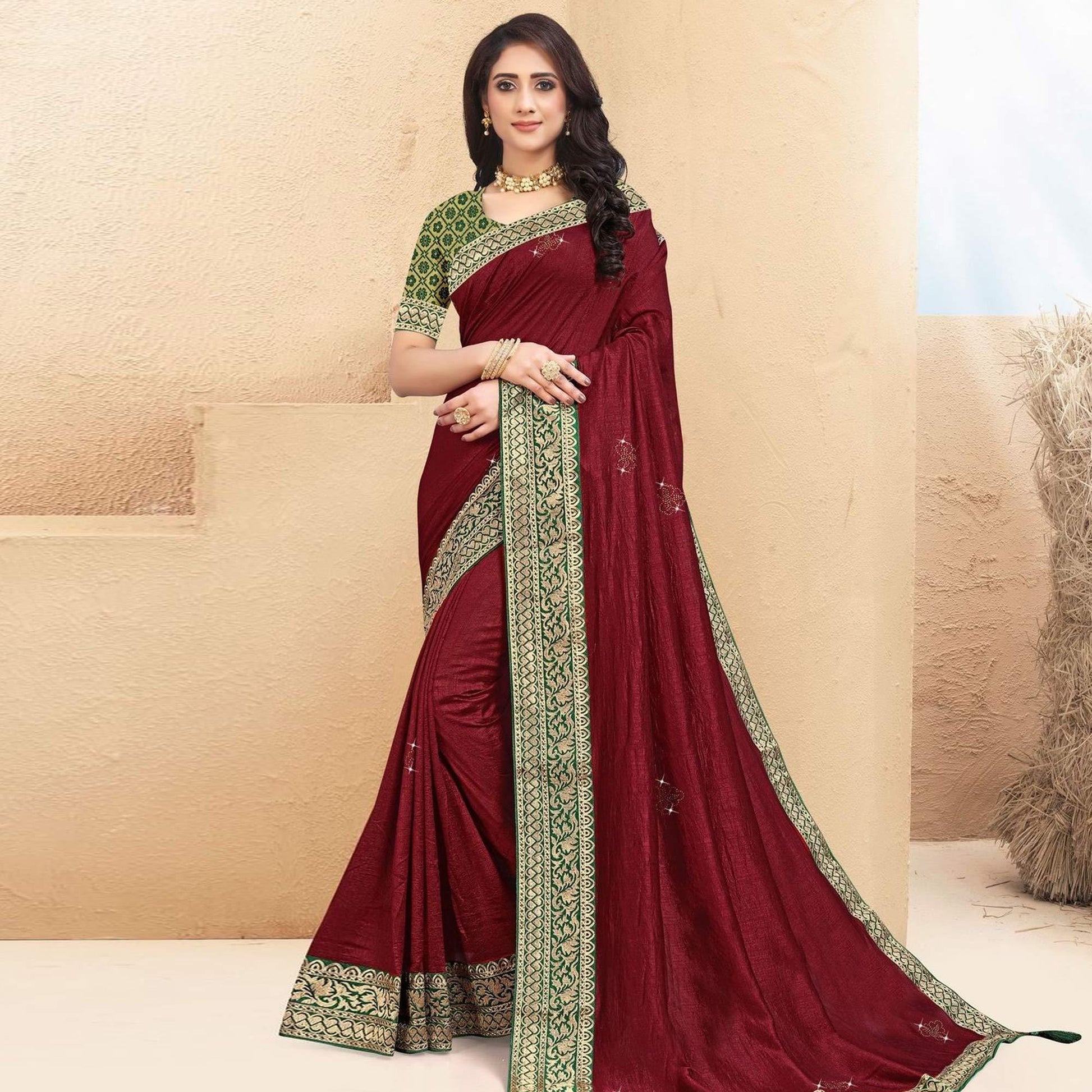 Maroon Embellished Vichitra Silk Saree