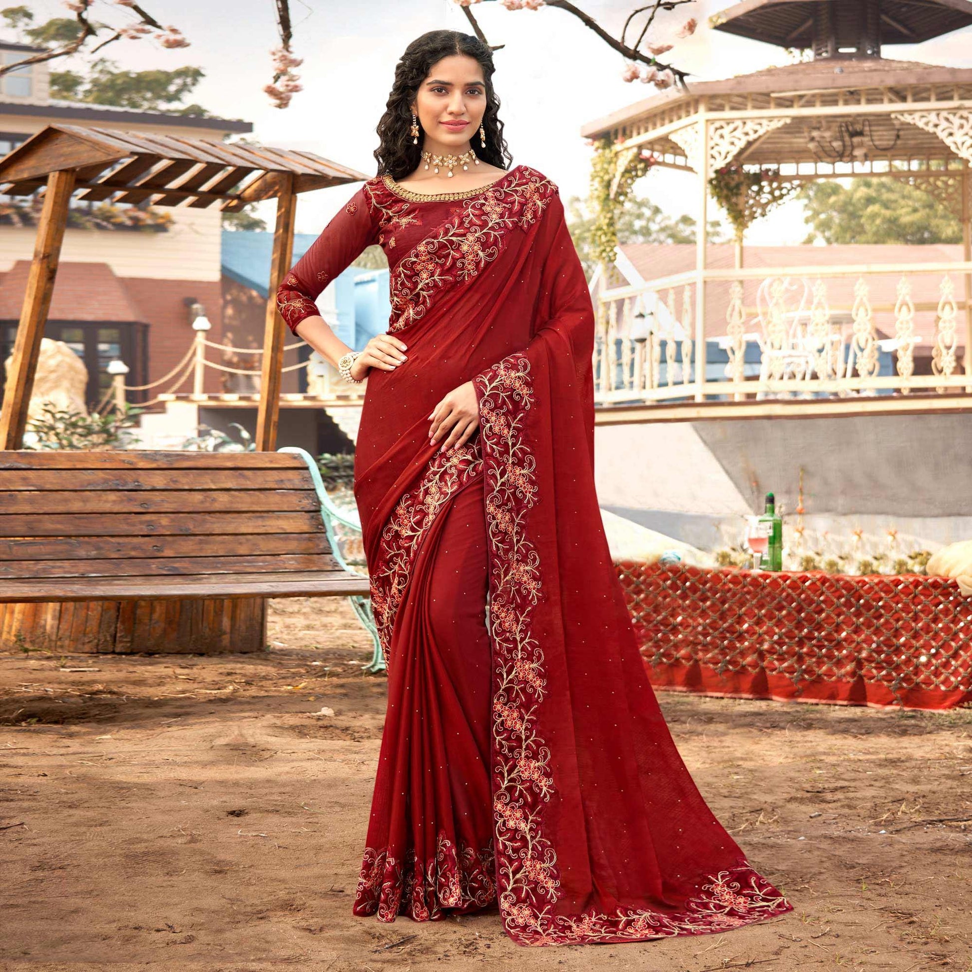 Maroon Embellished With Embroidered Chiffon Saree