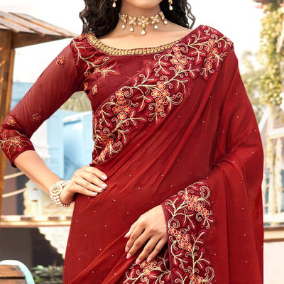 Maroon Embellished With Embroidered Chiffon Saree