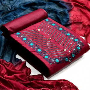 Maroon Embellished With Embroidered Cotton Blend Dress Material