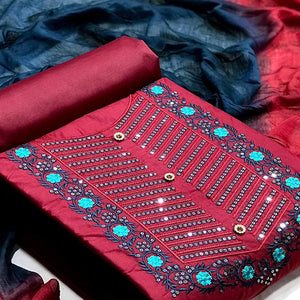 Maroon Embellished With Embroidered Cotton Blend Dress Material