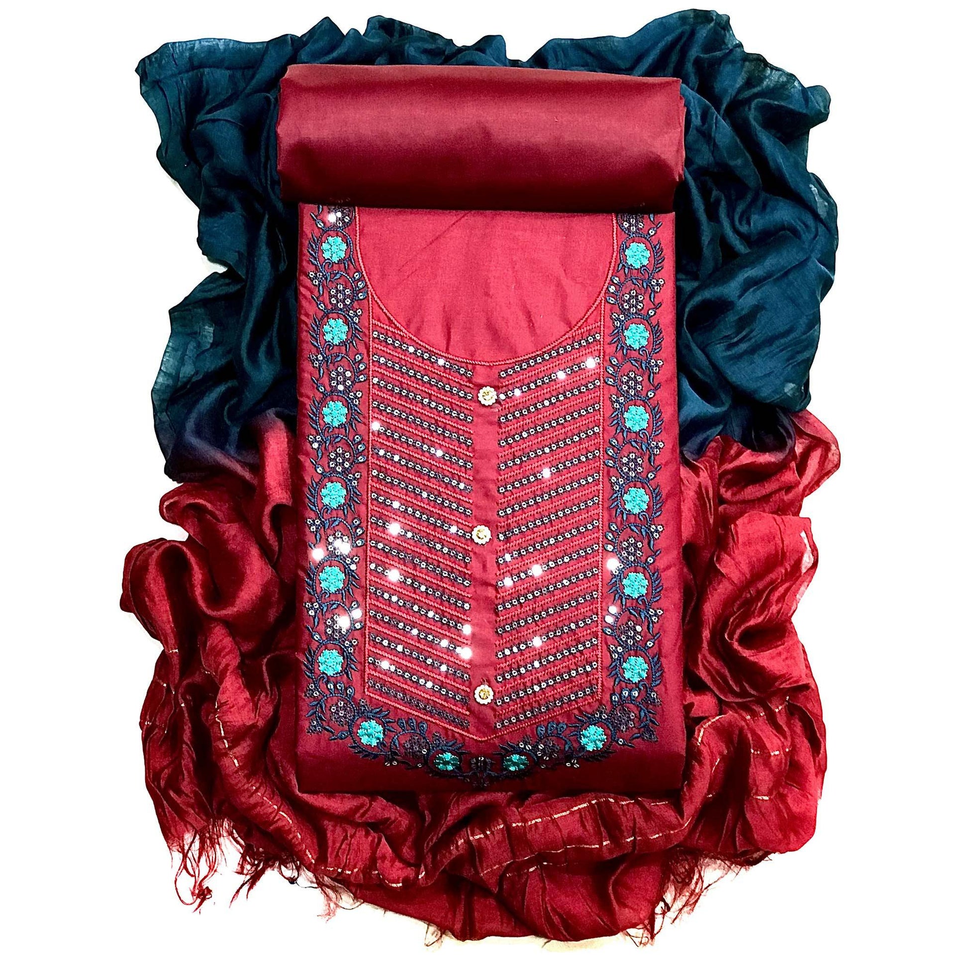 Maroon Embellished With Embroidered Cotton Blend Dress Material