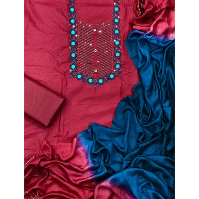 Maroon Embellished With Embroidered Cotton Blend Dress Material