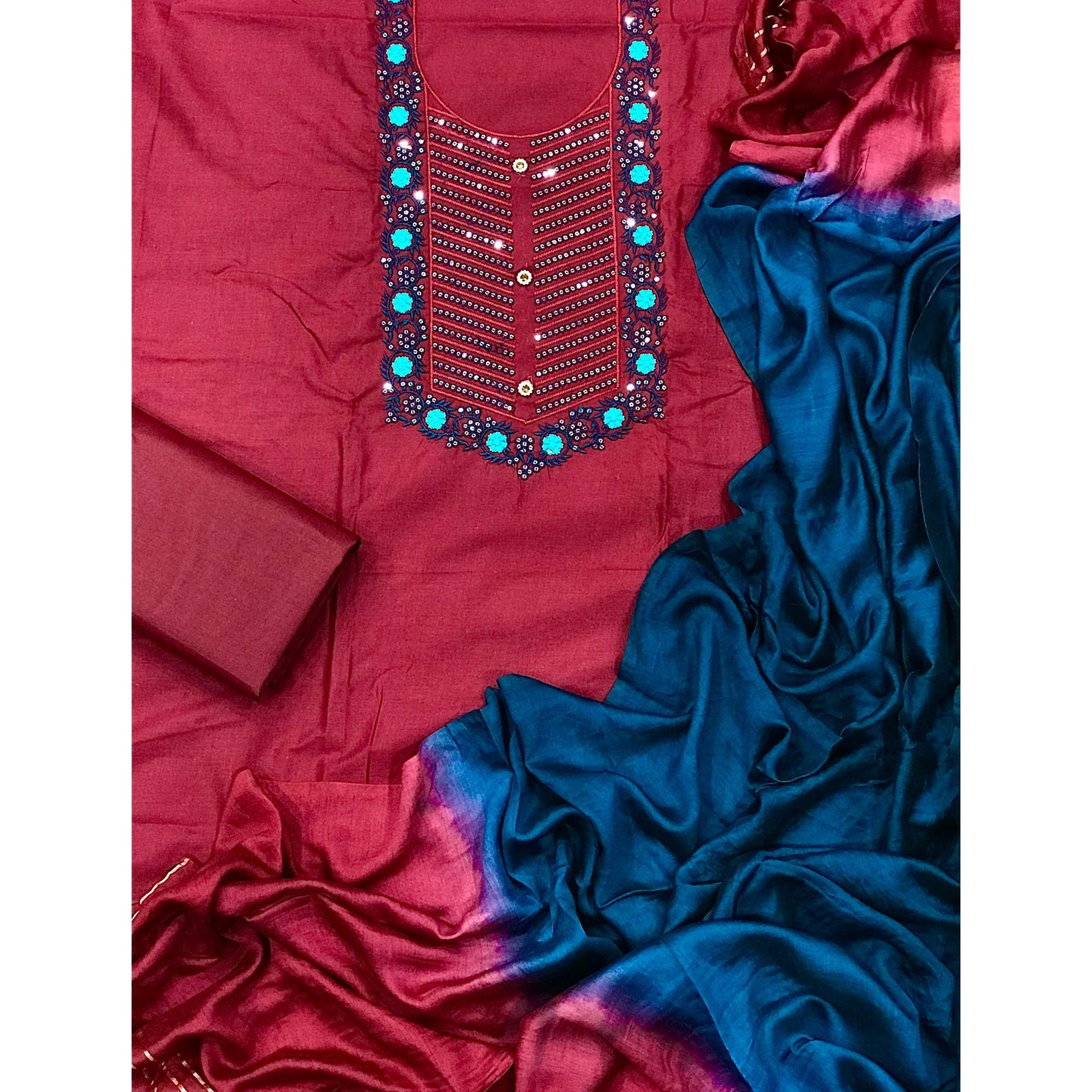 Maroon Embellished With Embroidered Cotton Blend Dress Material