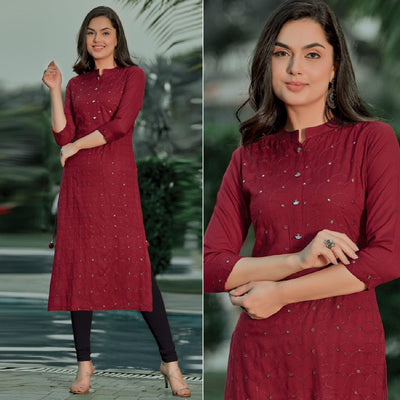 Maroon Embellished With Embroidered Cotton Kurti