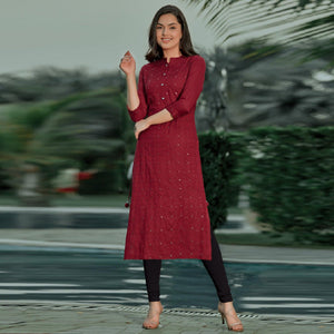 Maroon Embellished With Embroidered Cotton Kurti