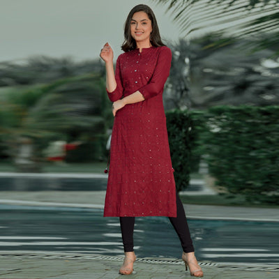 Maroon Embellished With Embroidered Cotton Kurti