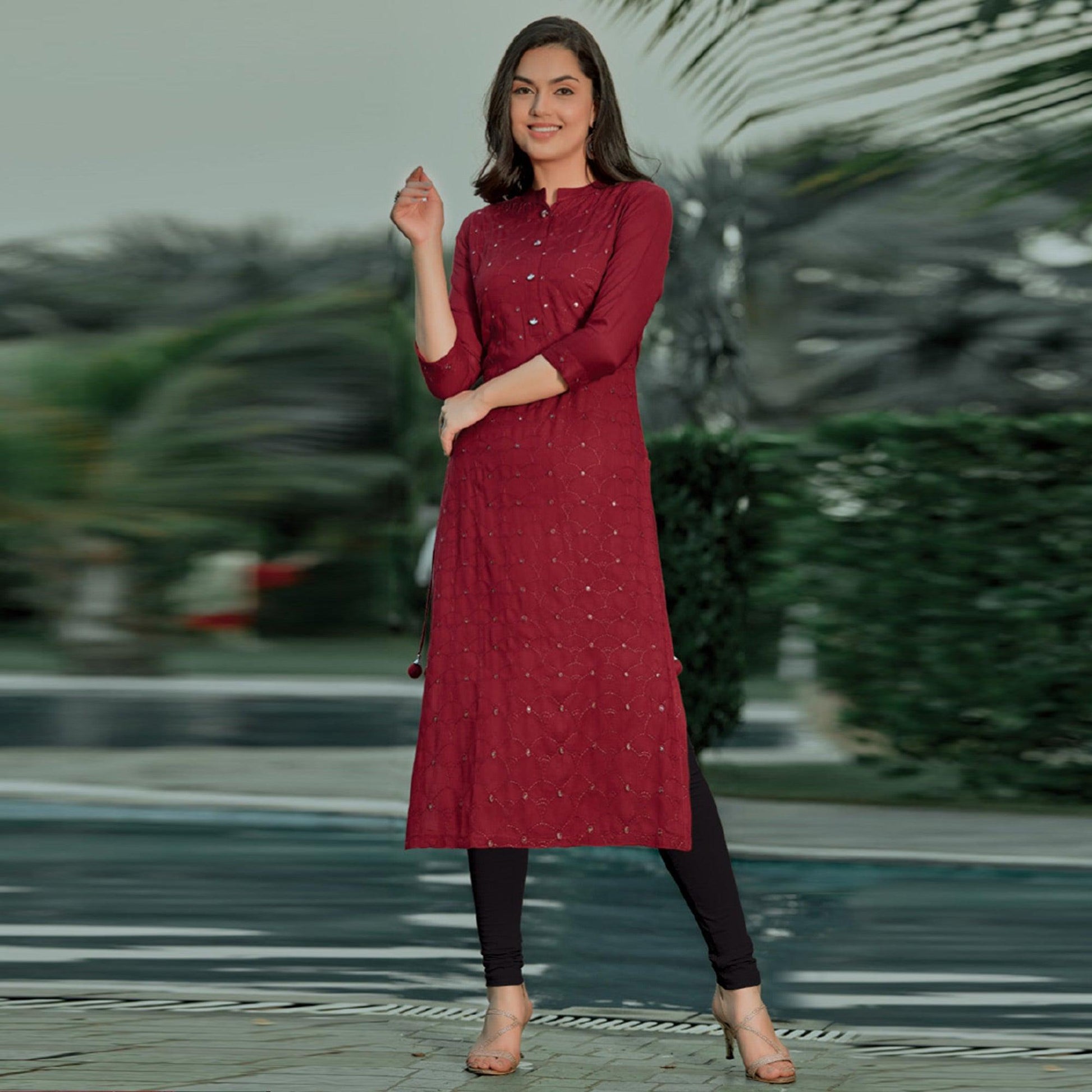 Maroon Embellished With Embroidered Cotton Kurti