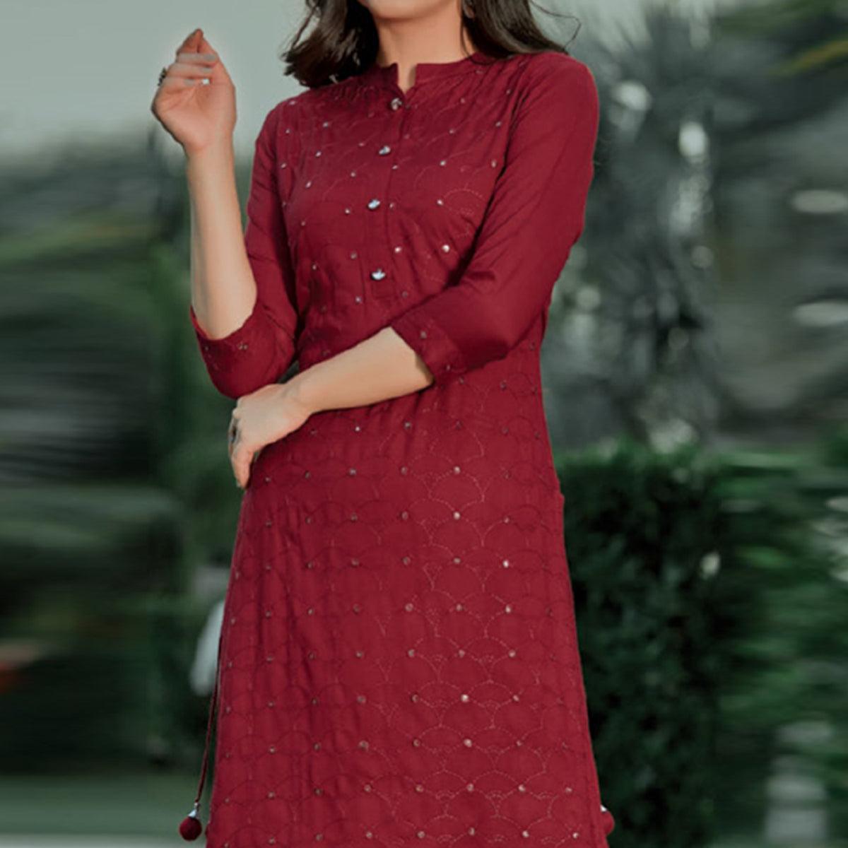 Maroon Embellished With Embroidered Cotton Kurti