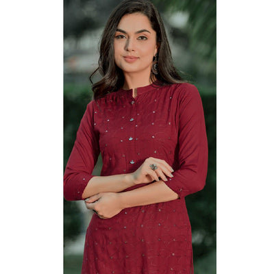 Maroon Embellished With Embroidered Cotton Kurti