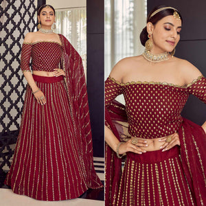 Maroon Embellished With Embroidered Georgette Lehenga Choli