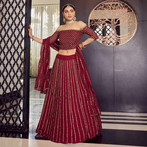 Maroon Embellished With Embroidered Georgette Lehenga Choli