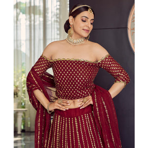 Maroon Embellished With Embroidered Georgette Lehenga Choli