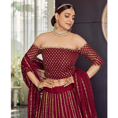 Maroon Embellished With Embroidered Georgette Lehenga Choli