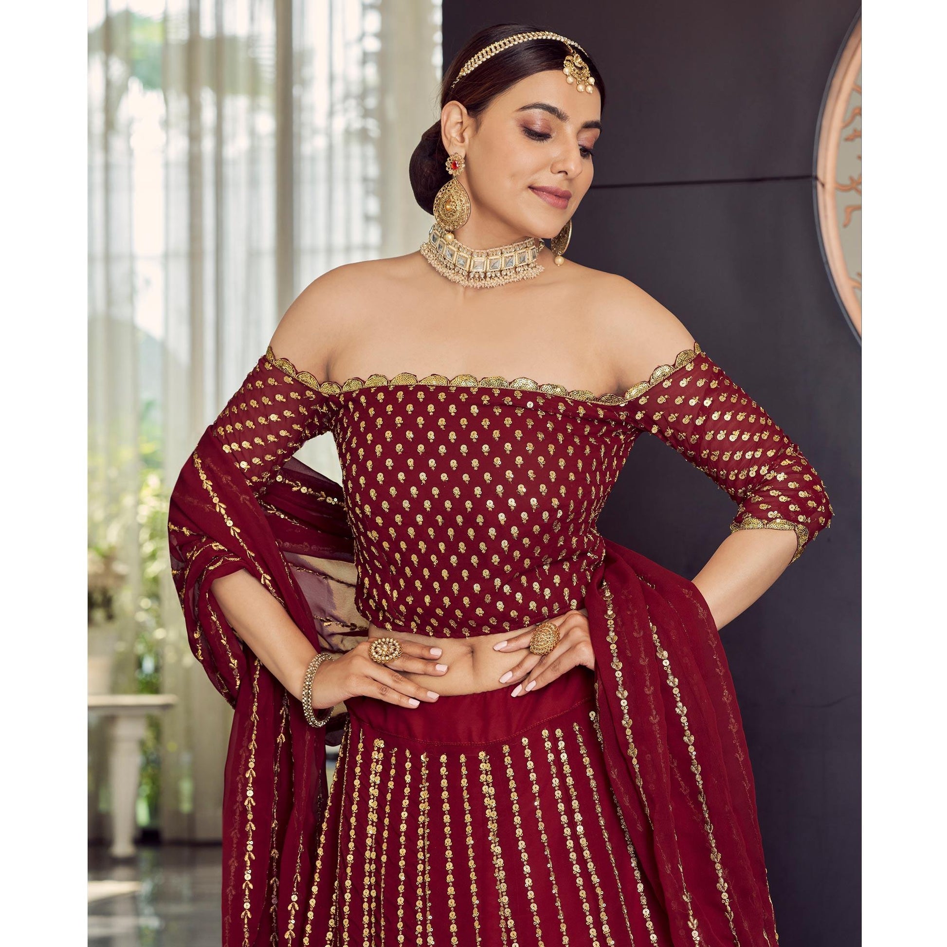 Maroon Embellished With Embroidered Georgette Lehenga Choli