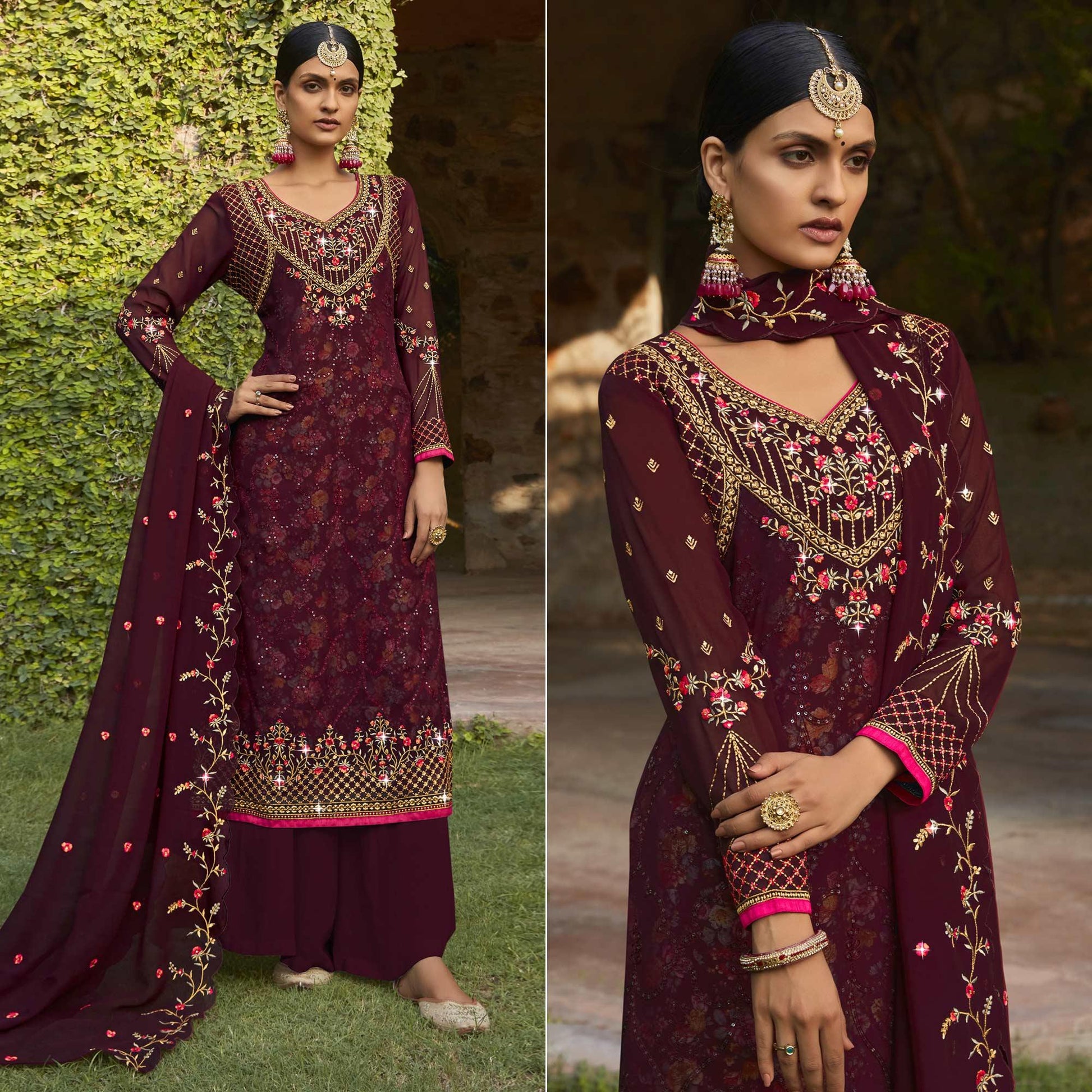 Maroon Embellished With Embroidered Georgette Palazzo Suit