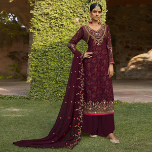 Maroon Embellished With Embroidered Georgette Palazzo Suit