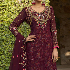 Maroon Embellished With Embroidered Georgette Palazzo Suit