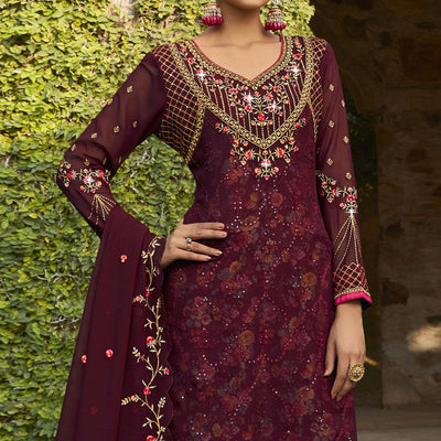 Maroon Embellished With Embroidered Georgette Palazzo Suit