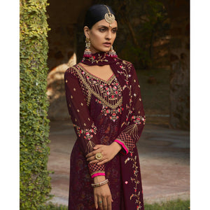 Maroon Embellished With Embroidered Georgette Palazzo Suit
